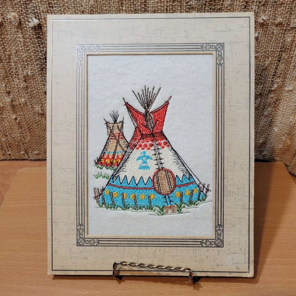 Vintage Machine Embroidered Matted Detailed Tepees Native American